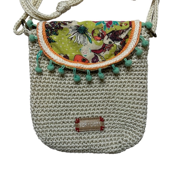 Sakroots Handbags - Sakroots Beige Women's Crochet Peace Crossbody Purse Bag Pom Pom Flap
